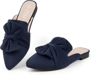 MUSSHOE Womens Mules Comfortable Pointed Toe Mules for Women Flats Backless Loafers with Bow Slip On
