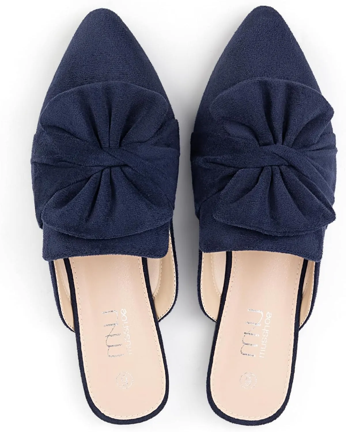 MUSSHOE Womens Mules Comfortable Pointed Toe Mules for Women Flats Backless Loafers with Bow Slip On