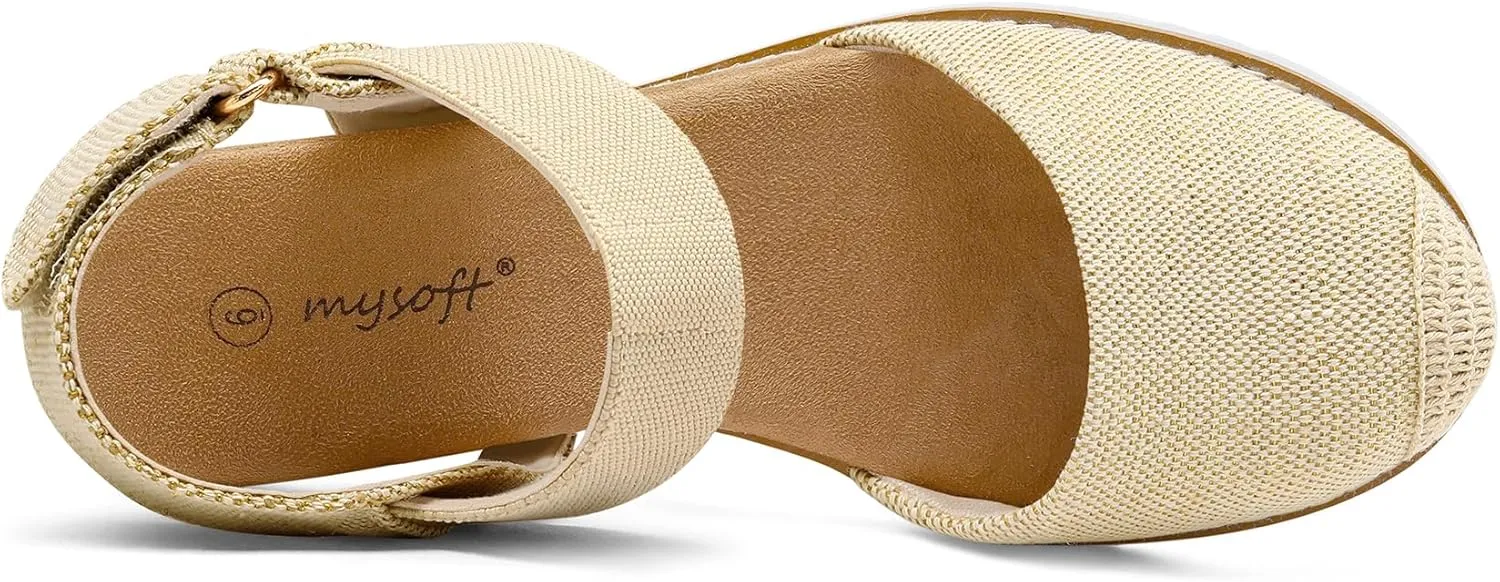 mysoft Women's Low Wedge Sandals Comfortable Closed Toe Espadrilles Slip on Elastic Ankle Strap Walking Sandals