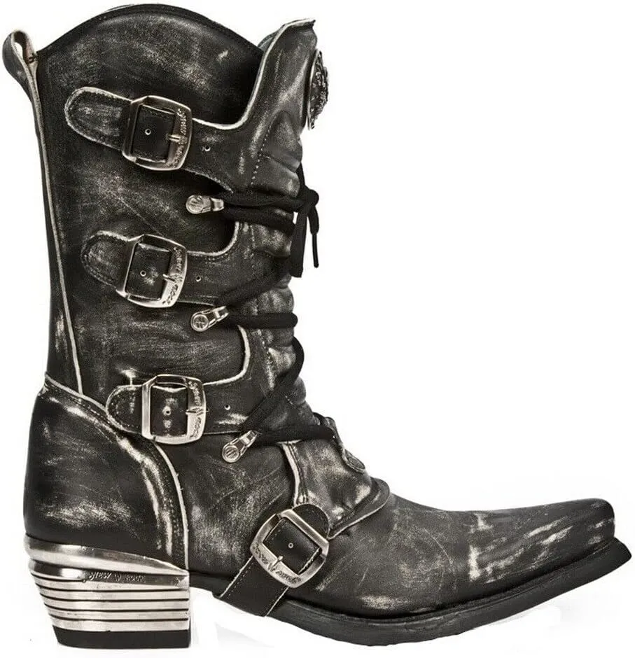 New Rock Mens WESTERN COWBOY 7993 Leather Buckle Heavy Calf Boots