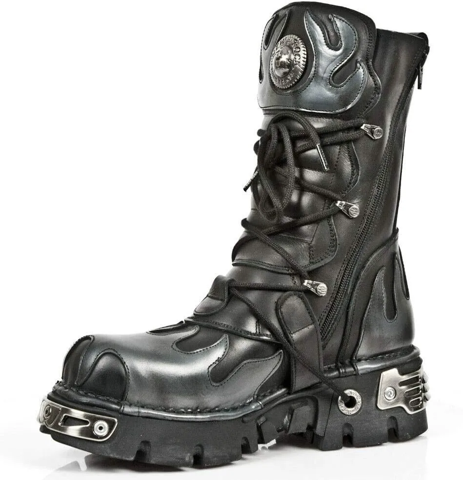 New Rock Newrock 591-S1 Red Flame Metal Black Leather Heavy Punk Gothic Boots