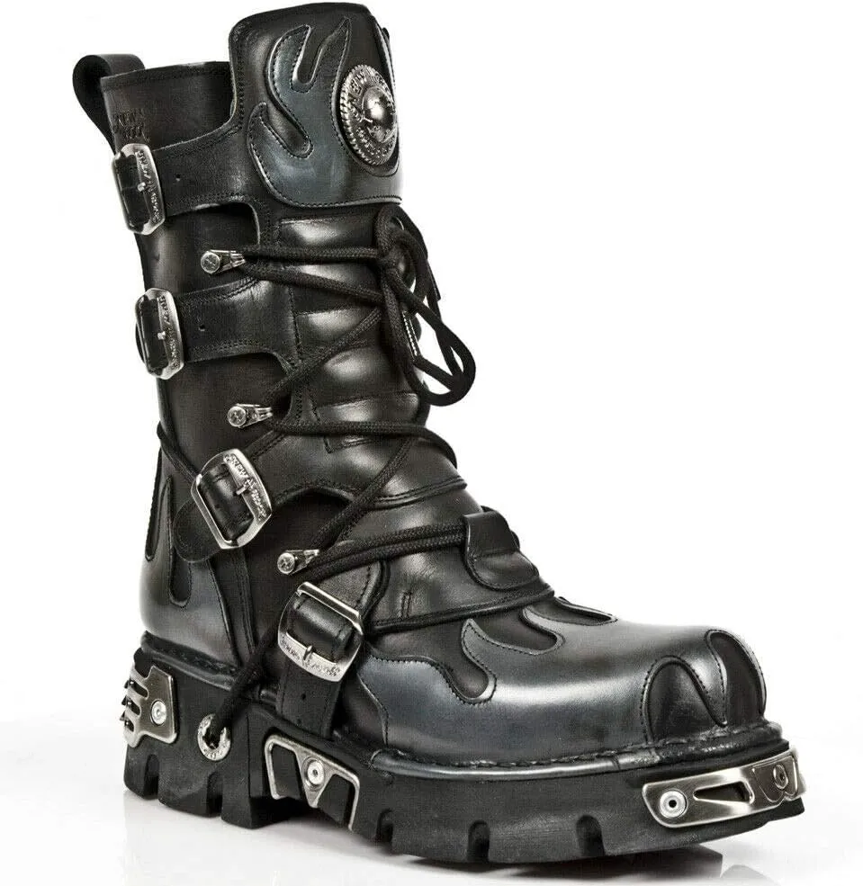 New Rock Newrock 591-S1 Red Flame Metal Black Leather Heavy Punk Gothic Boots