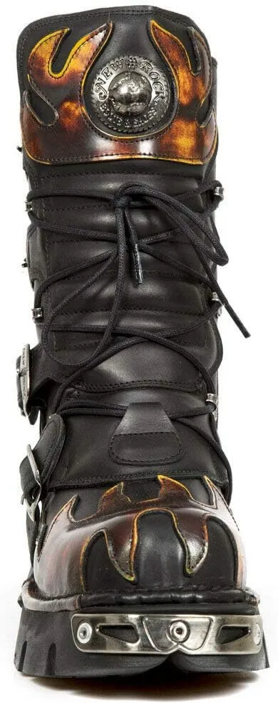 New Rock Newrock 591-S1 Red Flame Metal Black Leather Heavy Punk Gothic Boots