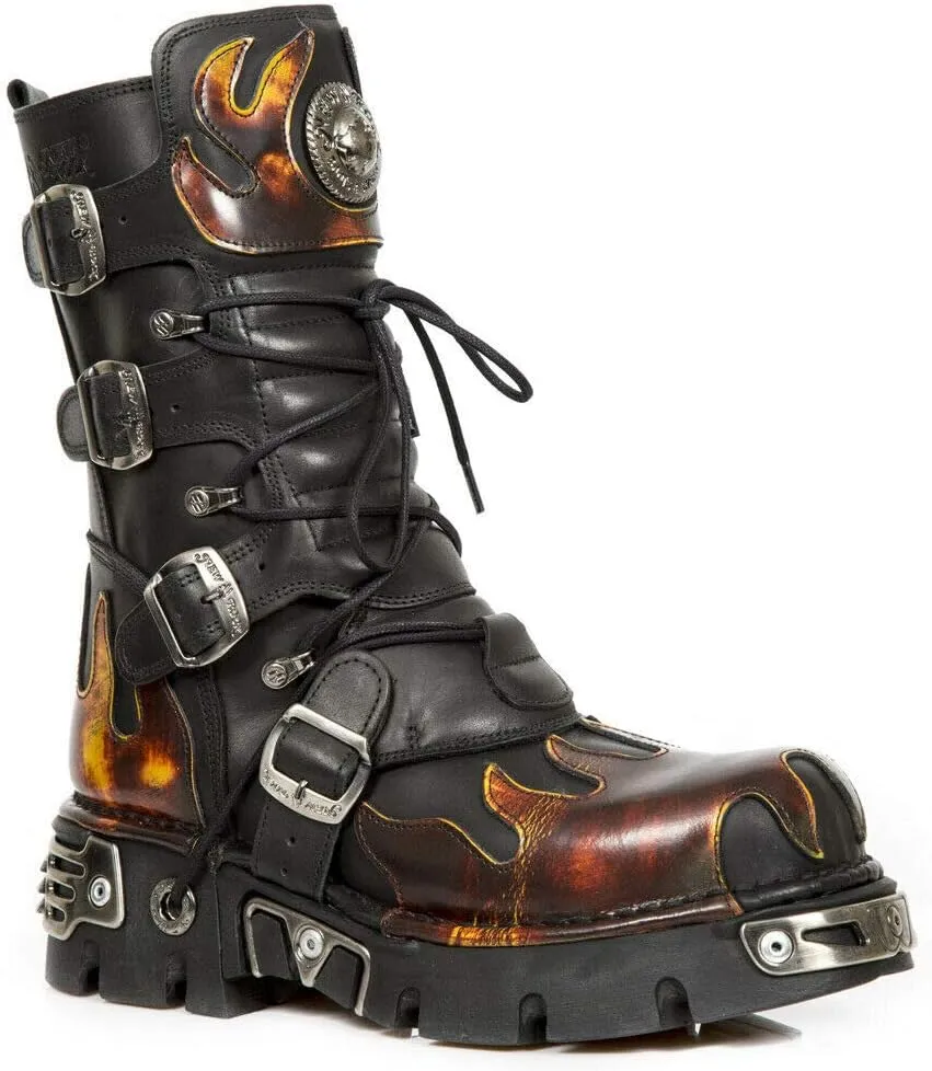 New Rock Newrock 591-S1 Red Flame Metal Black Leather Heavy Punk Gothic Boots