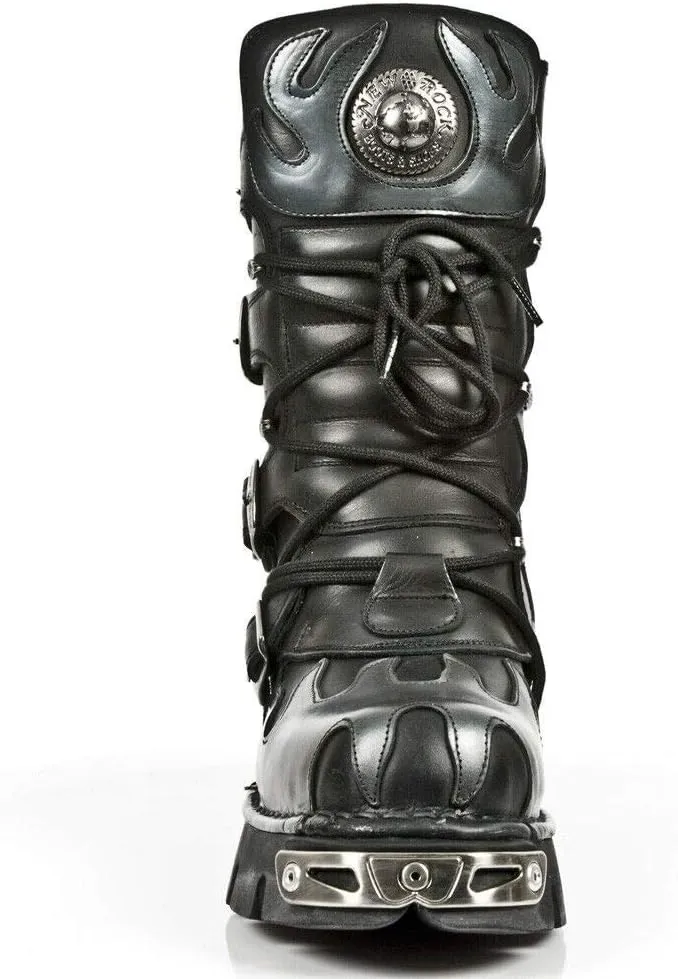 New Rock Newrock 591-S1 Red Flame Metal Black Leather Heavy Punk Gothic Boots