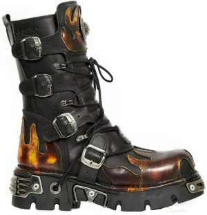 New Rock Newrock 591-S1 Red Flame Metal Black Leather Heavy Punk Gothic Boots