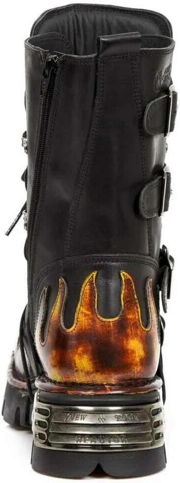 New Rock Newrock 591-S1 Red Flame Metal Black Leather Heavy Punk Gothic Boots