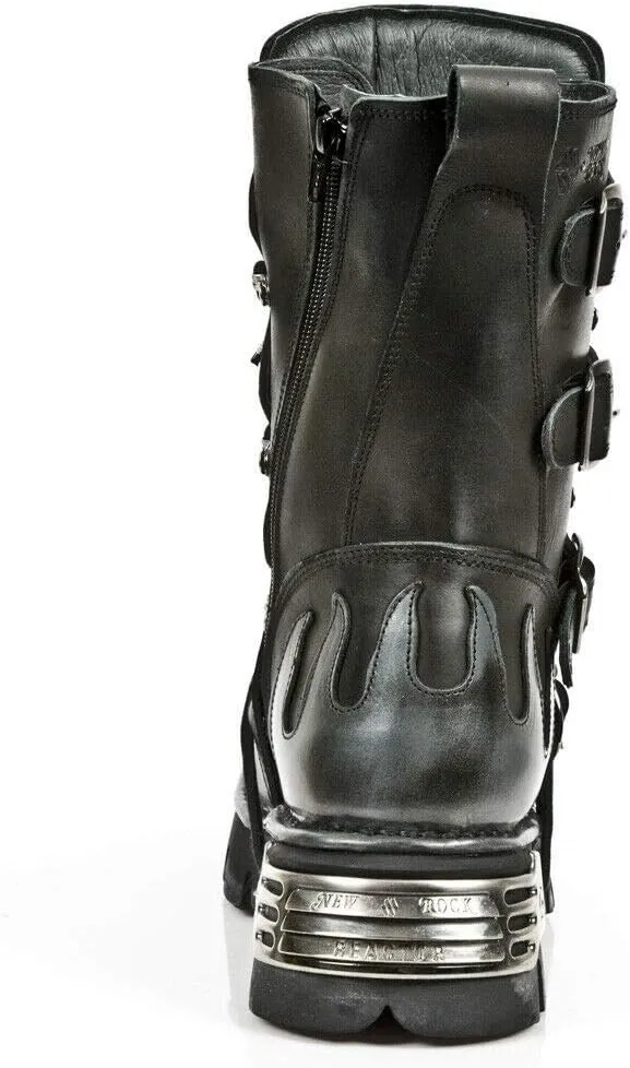 New Rock Newrock 591-S1 Red Flame Metal Black Leather Heavy Punk Gothic Boots