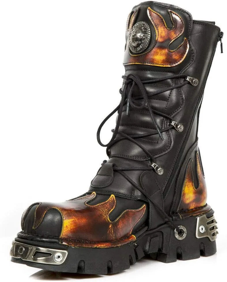 New Rock Newrock 591-S1 Red Flame Metal Black Leather Heavy Punk Gothic Boots