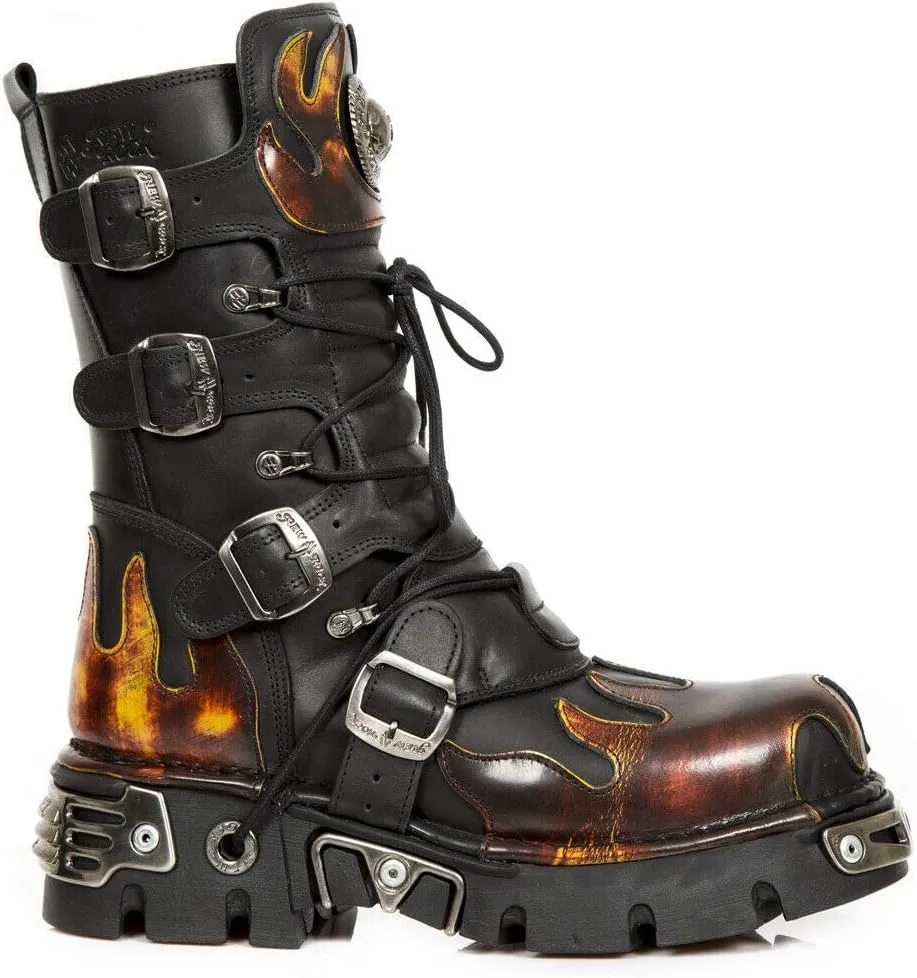 New Rock Newrock 591-S1 Red Flame Metal Black Leather Heavy Punk Gothic Boots