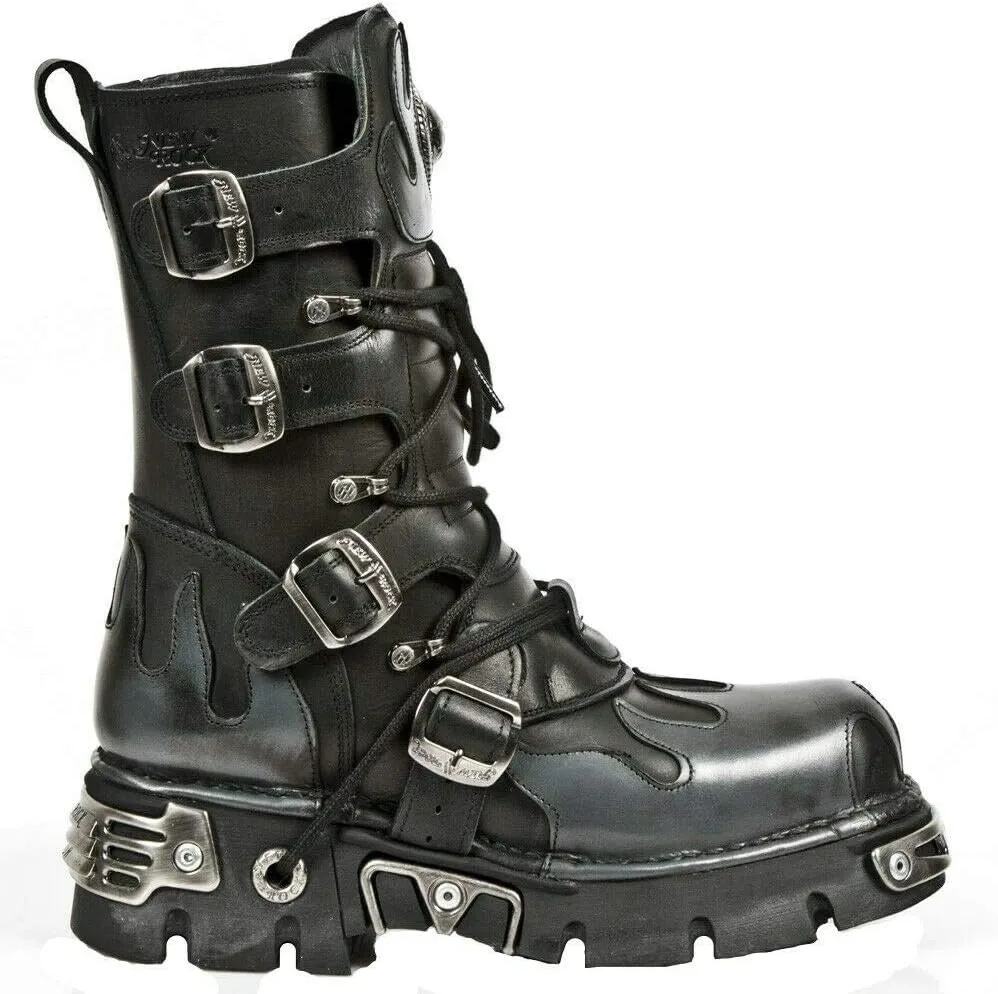 New Rock Newrock 591-S1 Red Flame Metal Black Leather Heavy Punk Gothic Boots