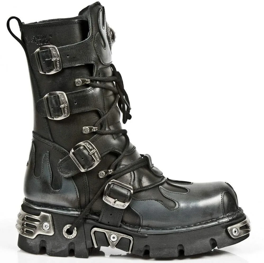 New Rock Newrock 591-S1 Red Flame Metal Black Leather Heavy Punk Gothic Boots