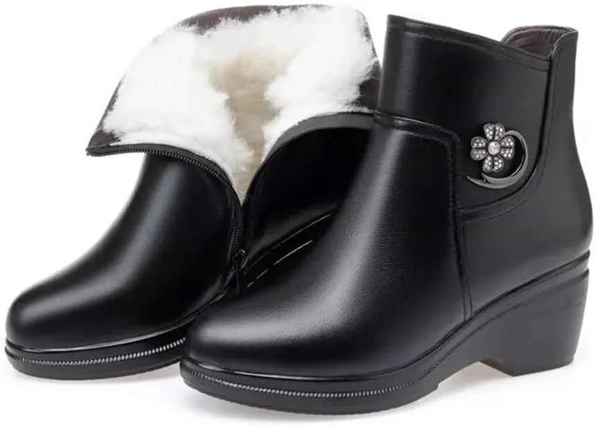 Niiyyjj Womens Genuine Leather Platform Boots Mother Wedge Boots Thick Wool Lined Ankle Boots