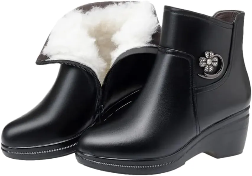 Niiyyjj Womens Genuine Leather Platform Boots Mother Wedge Boots Thick Wool Lined Ankle Boots