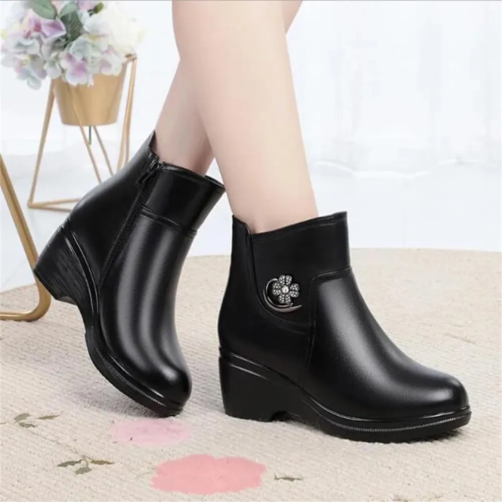 Niiyyjj Womens Genuine Leather Platform Boots Mother Wedge Boots Thick Wool Lined Ankle Boots