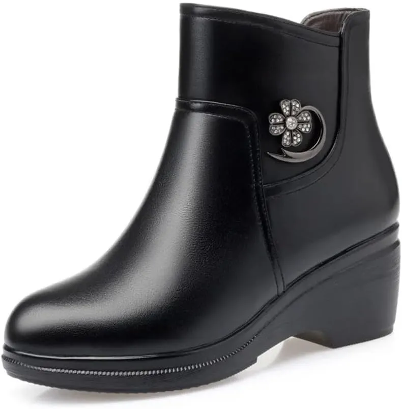 Niiyyjj Womens Genuine Leather Platform Boots Mother Wedge Boots Thick Wool Lined Ankle Boots