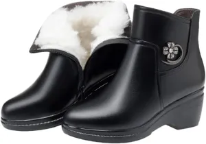 Niiyyjj Womens Genuine Leather Platform Boots Mother Wedge Boots Thick Wool Lined Ankle Boots