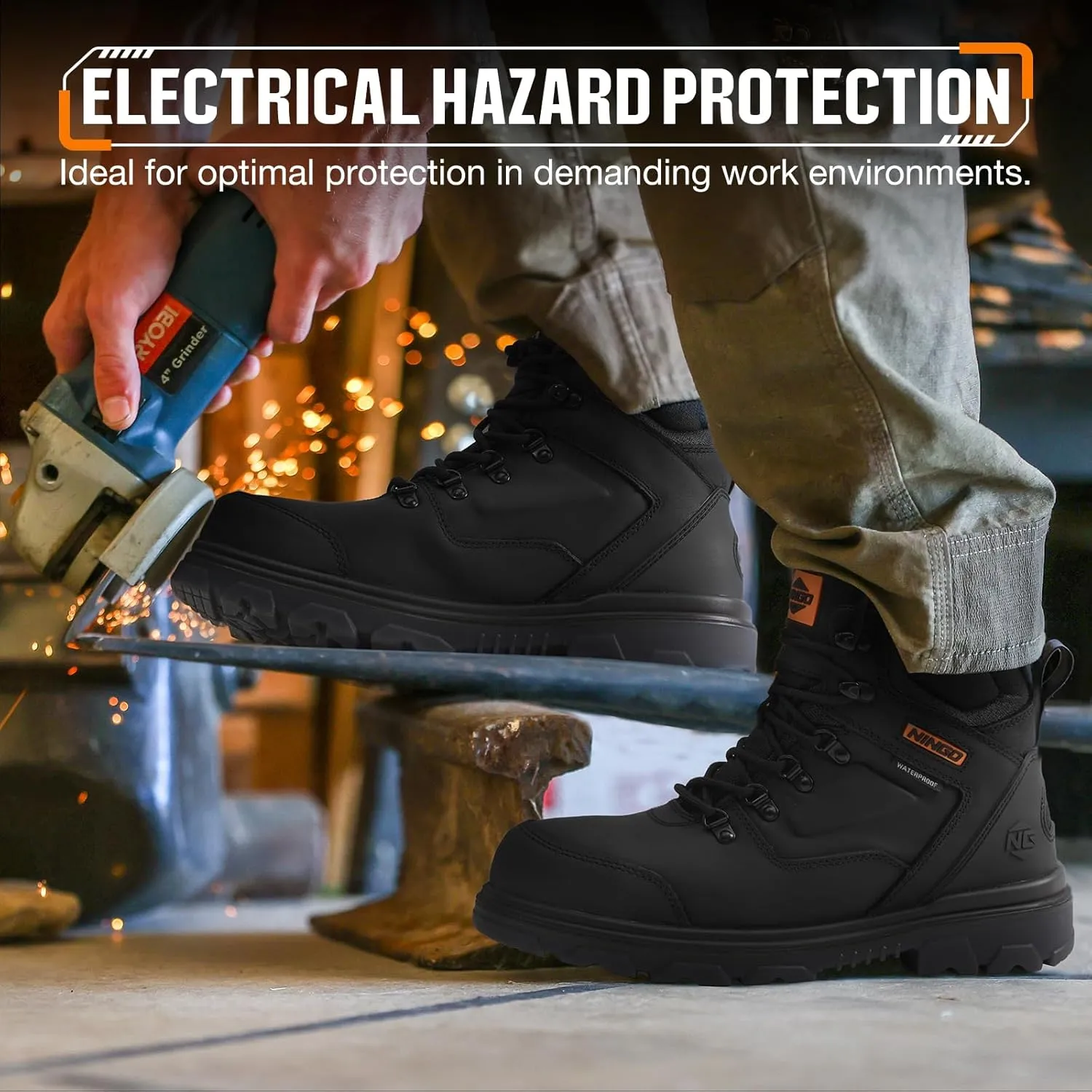 NINGO Mens Steel Toe Work Boots, Waterproof Heavy-Duty Safety Boots with Puncture Protection, Oil & Slip Resistant, Round Toe Construction Boots with Breathable Lining, EH Protection, for Industrial