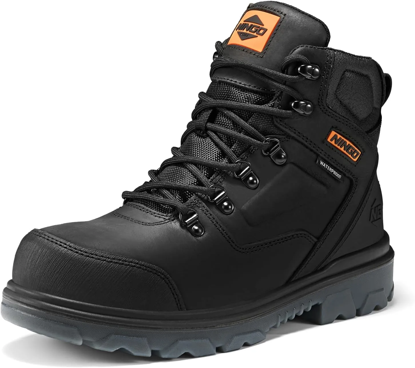 NINGO Mens Steel Toe Work Boots, Waterproof Heavy-Duty Safety Boots with Puncture Protection, Oil & Slip Resistant, Round Toe Construction Boots with Breathable Lining, EH Protection, for Industrial