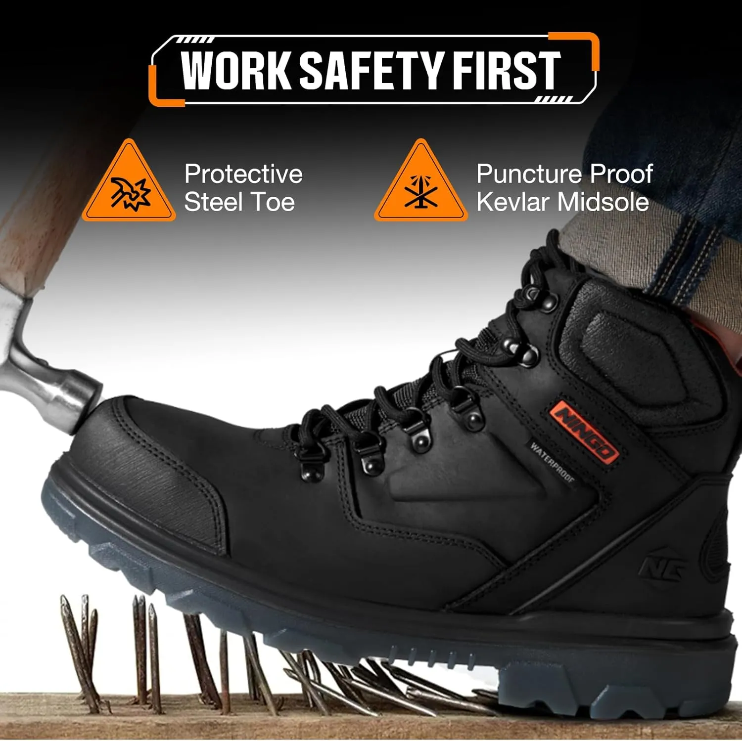 NINGO Mens Steel Toe Work Boots, Waterproof Heavy-Duty Safety Boots with Puncture Protection, Oil & Slip Resistant, Round Toe Construction Boots with Breathable Lining, EH Protection, for Industrial