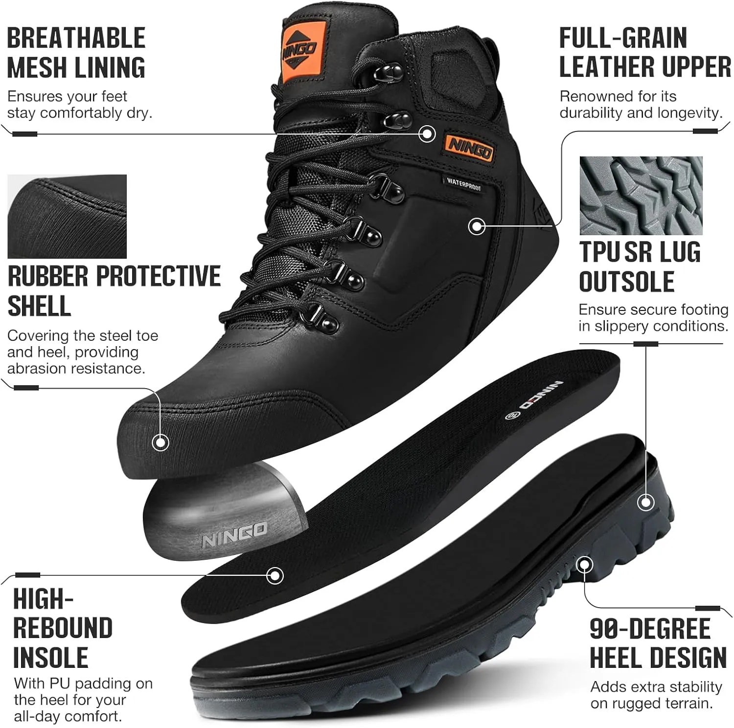 NINGO Mens Steel Toe Work Boots, Waterproof Heavy-Duty Safety Boots with Puncture Protection, Oil & Slip Resistant, Round Toe Construction Boots with Breathable Lining, EH Protection, for Industrial
