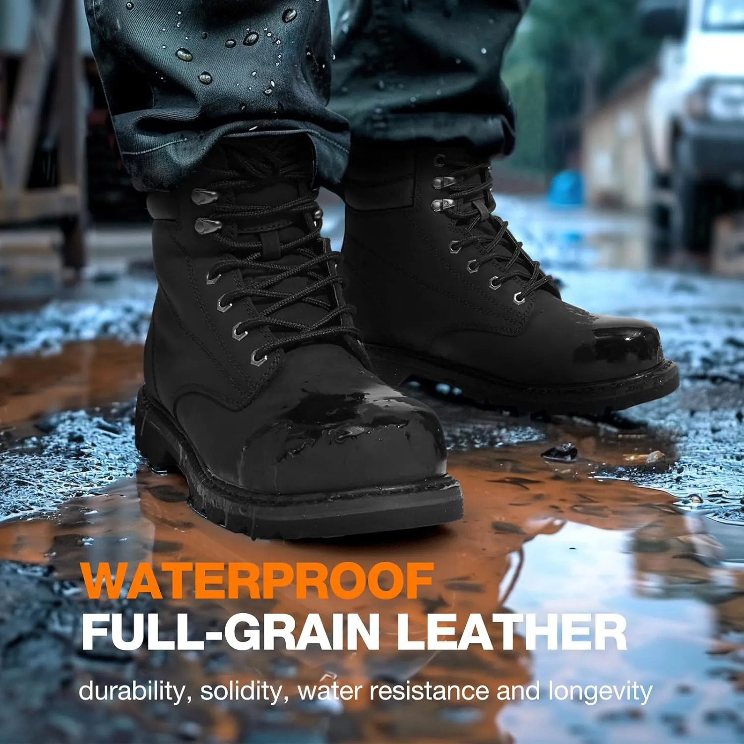 NINGO Steel Toe Work Boots for Men, Waterproof Comfortable Leather Industrial & Construction Boots, Oil & Slip Resistance Safety Shoes with EH Protection, for Outdoor Factories Warehouses Farms