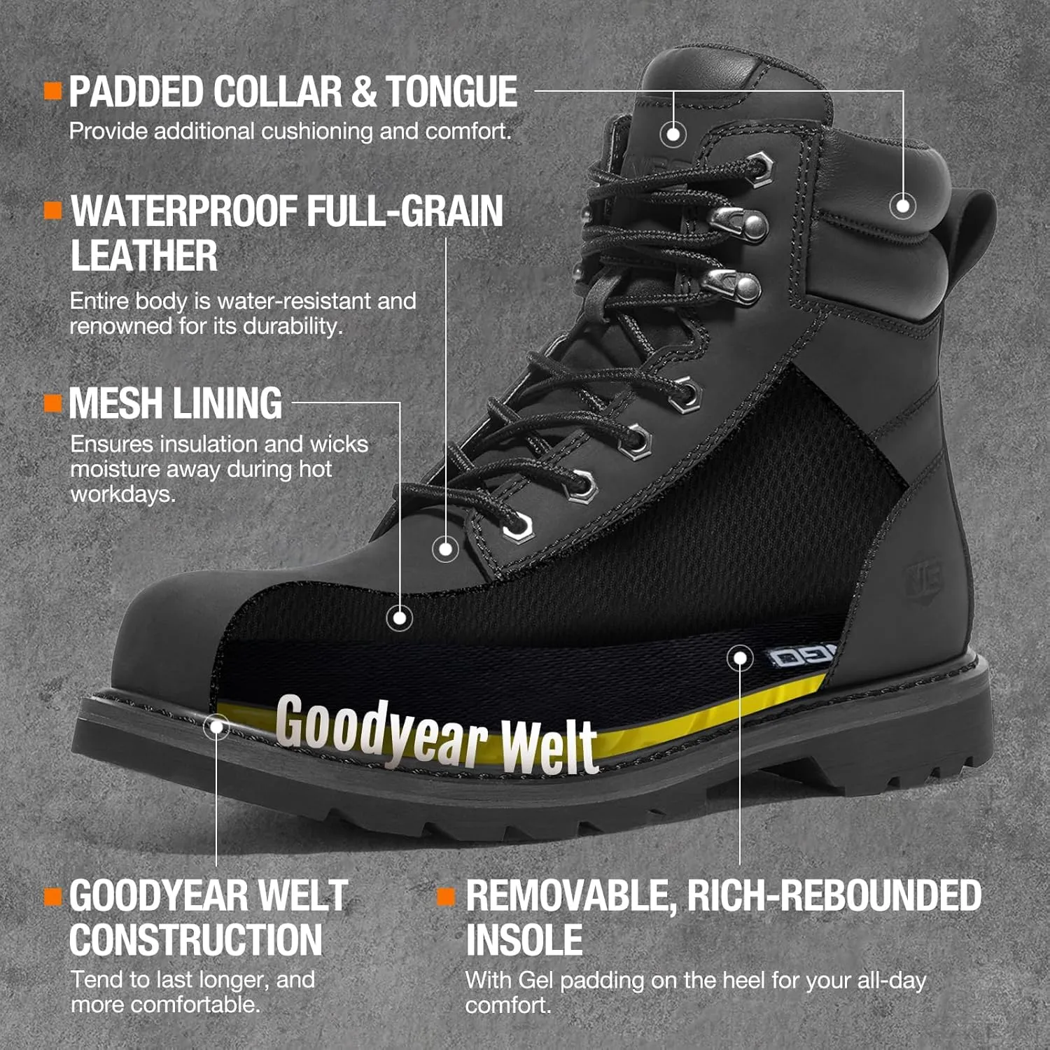NINGO Steel Toe Work Boots for Men, Waterproof Comfortable Leather Industrial & Construction Boots, Oil & Slip Resistance Safety Shoes with EH Protection, for Outdoor Factories Warehouses Farms