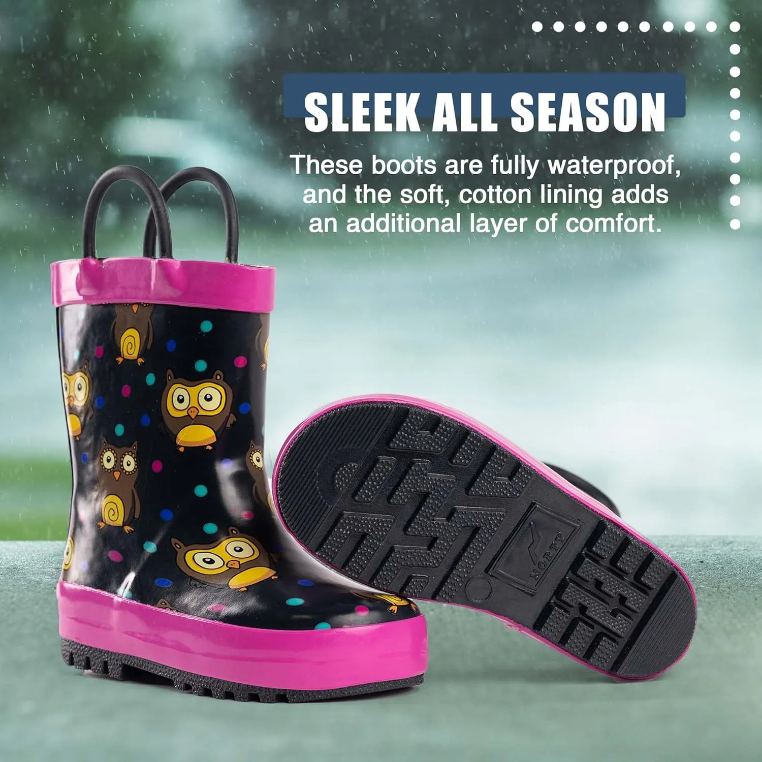 NORTY Rubber Rain Boots for Kids - Waterproof Rubber Boots Boys and Girls Solid & Printed Rainboots for Toddlers and Kids