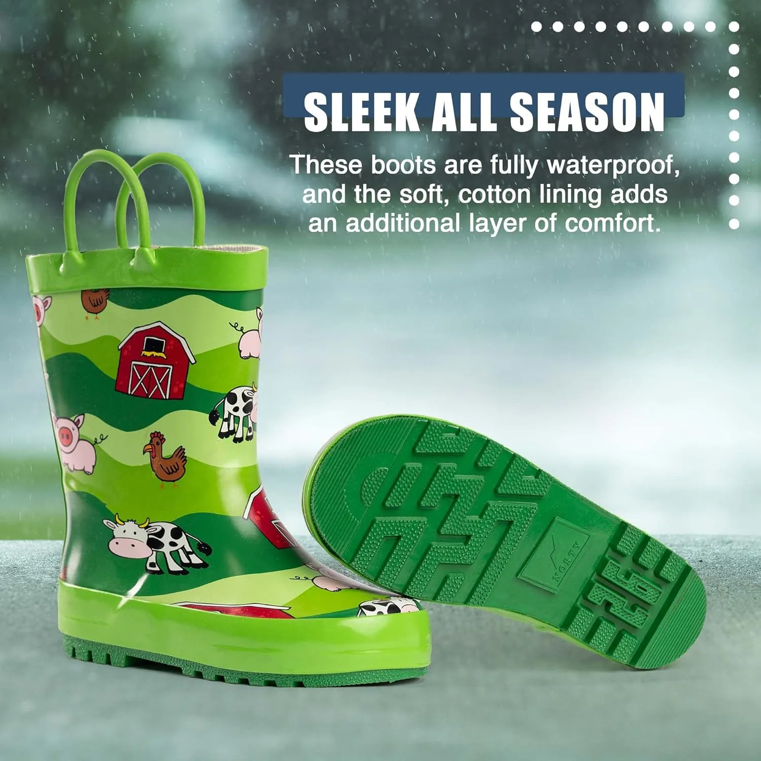 NORTY Rubber Rain Boots for Kids - Waterproof Rubber Boots Boys and Girls Solid & Printed Rainboots for Toddlers and Kids