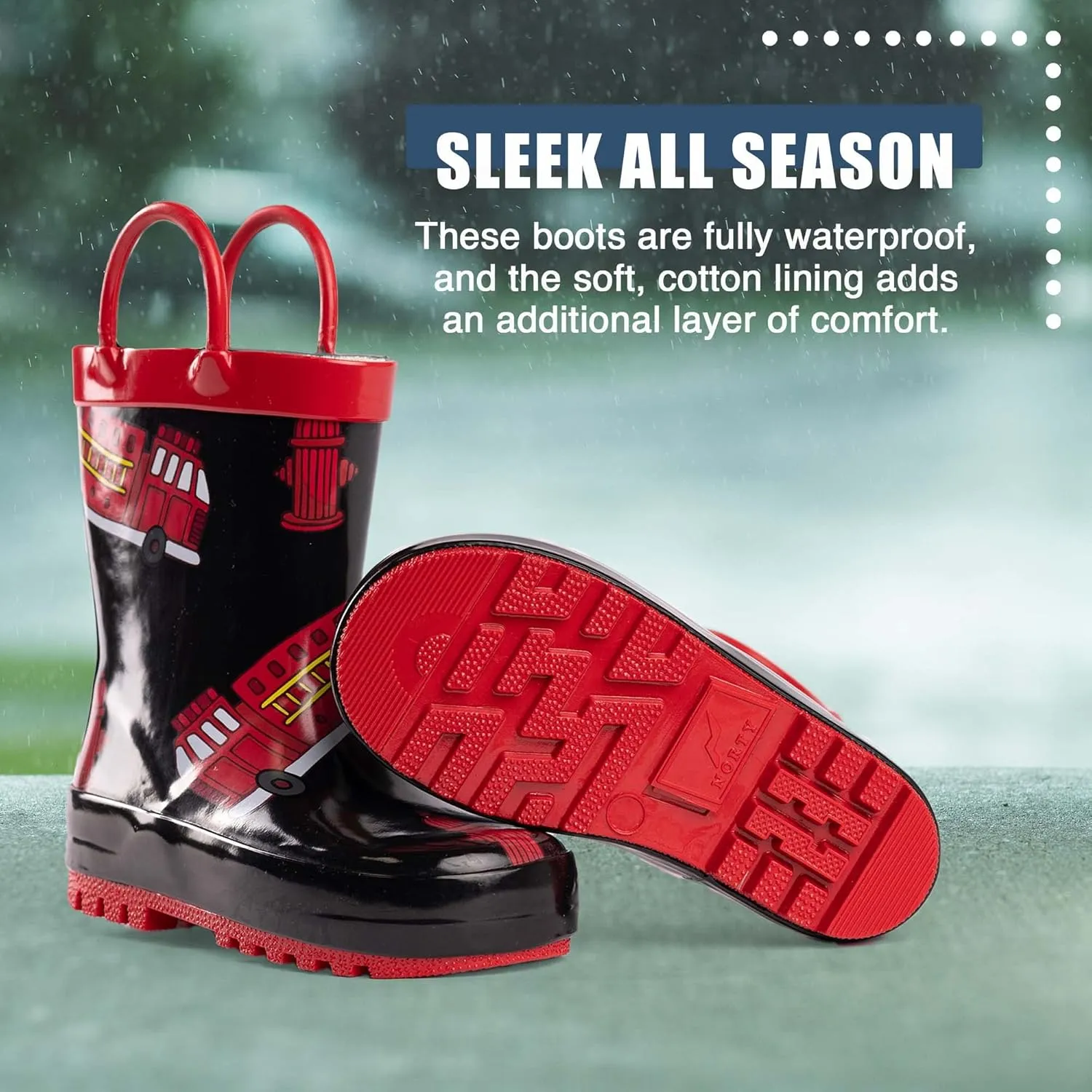 NORTY Rubber Rain Boots for Kids - Waterproof Rubber Boots Boys and Girls Solid & Printed Rainboots for Toddlers and Kids