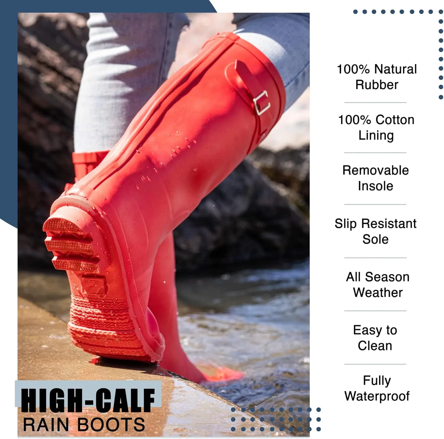 NORTY Women's Hurricane Rain Boots Knee High Calf Length - Glossy Matte Waterproof Rubber Tall Shoes