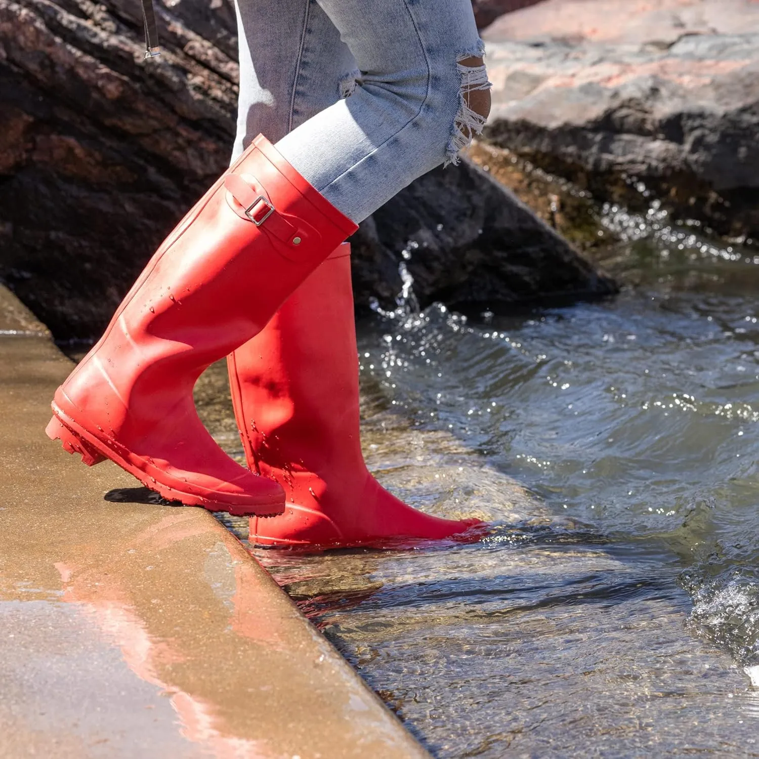 NORTY Women's Hurricane Rain Boots Knee High Calf Length - Glossy Matte Waterproof Rubber Tall Shoes