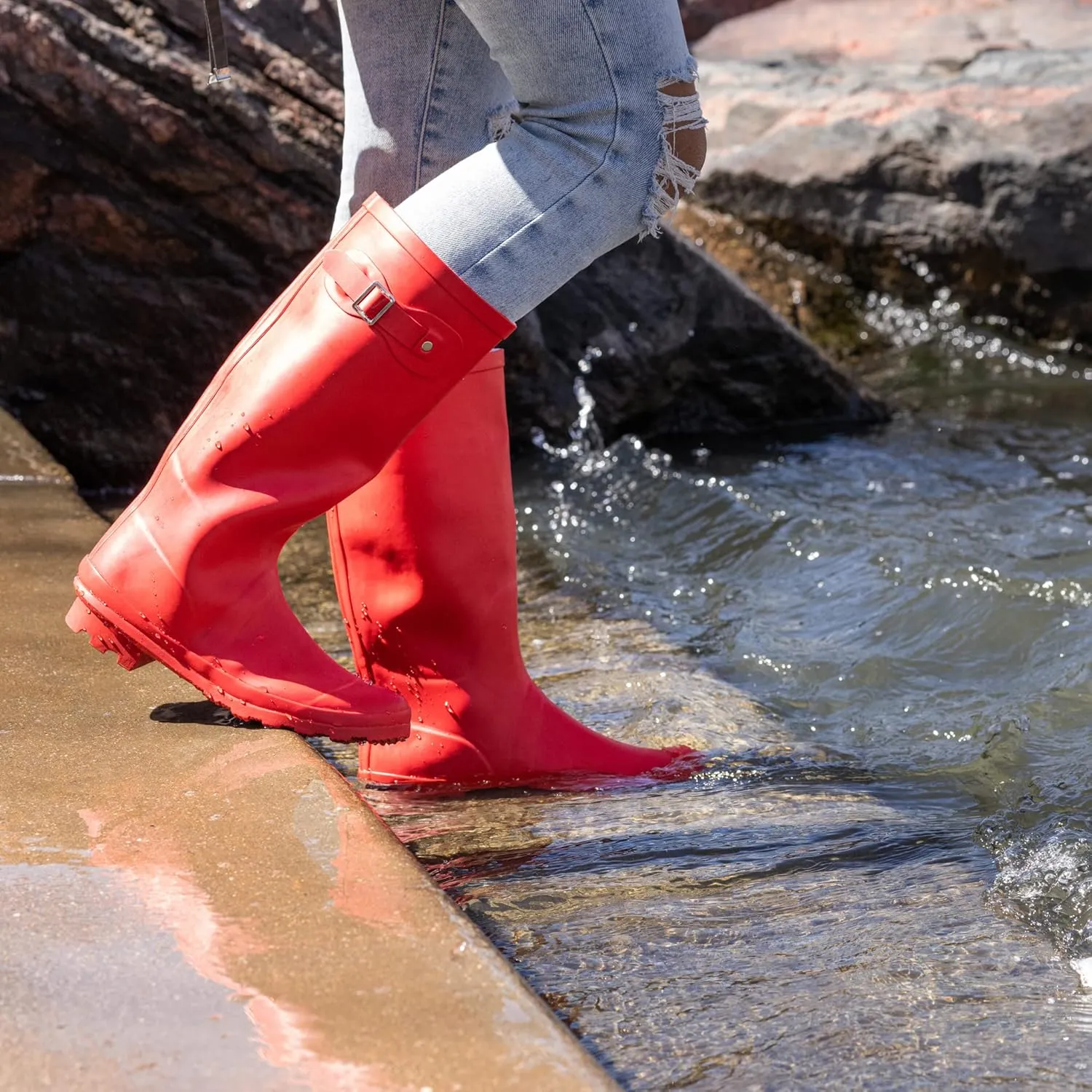 NORTY Women's Hurricane Rain Boots Knee High Calf Length - Glossy Matte Waterproof Rubber Tall Shoes