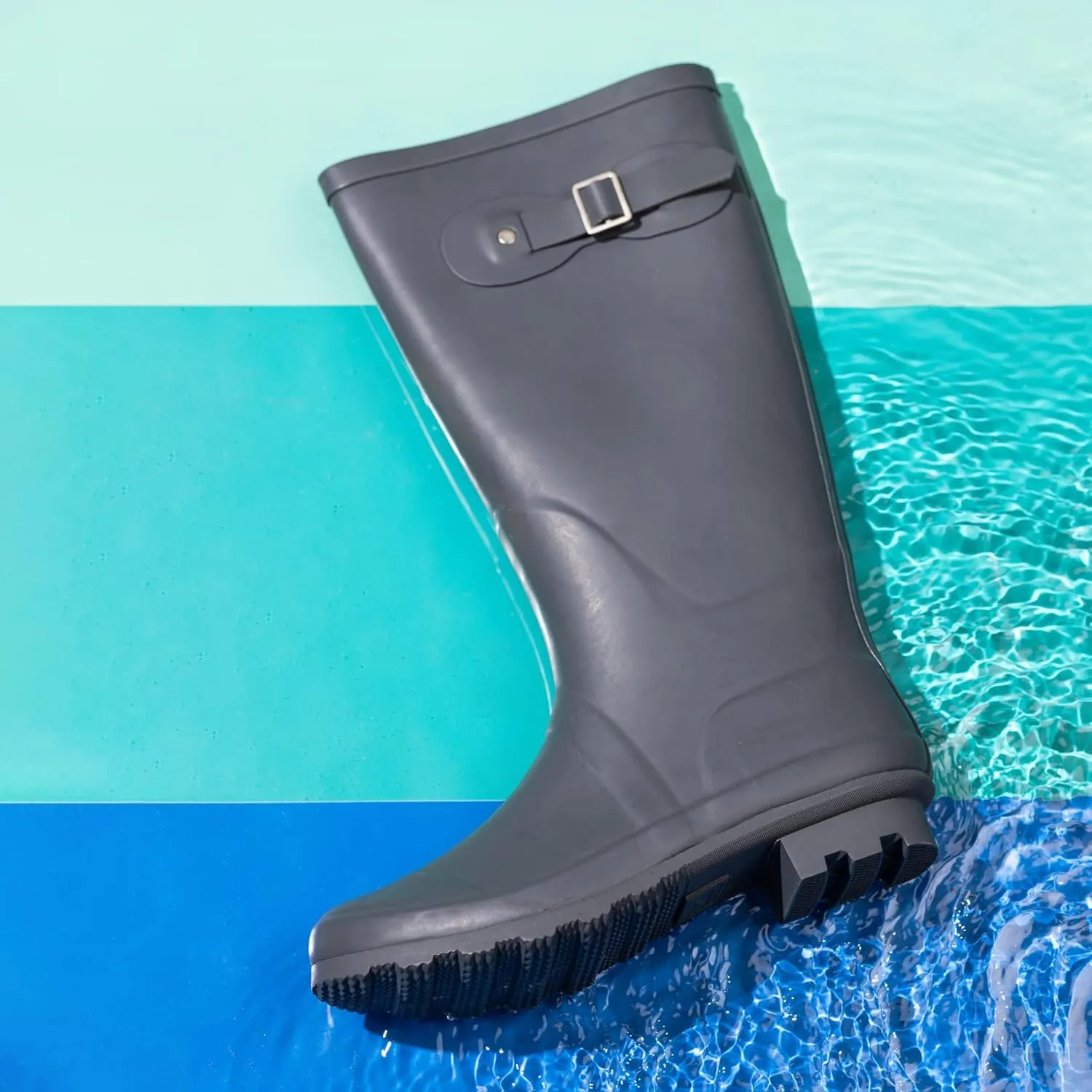 NORTY Women's Hurricane Rain Boots Knee High Calf Length - Glossy Matte Waterproof Rubber Tall Shoes