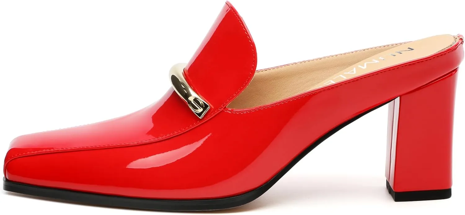 NUMALEO Womens Mules Chunky Block Heel Loafers Slip On Heeled Mules Closed Square Toe Heels Mules for Women Comfortable Dressy Backless Loafers Shoes for Office Work Casual