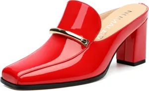 NUMALEO Womens Mules Chunky Block Heel Loafers Slip On Heeled Mules Closed Square Toe Heels Mules for Women Comfortable Dressy Backless Loafers Shoes for Office Work Casual