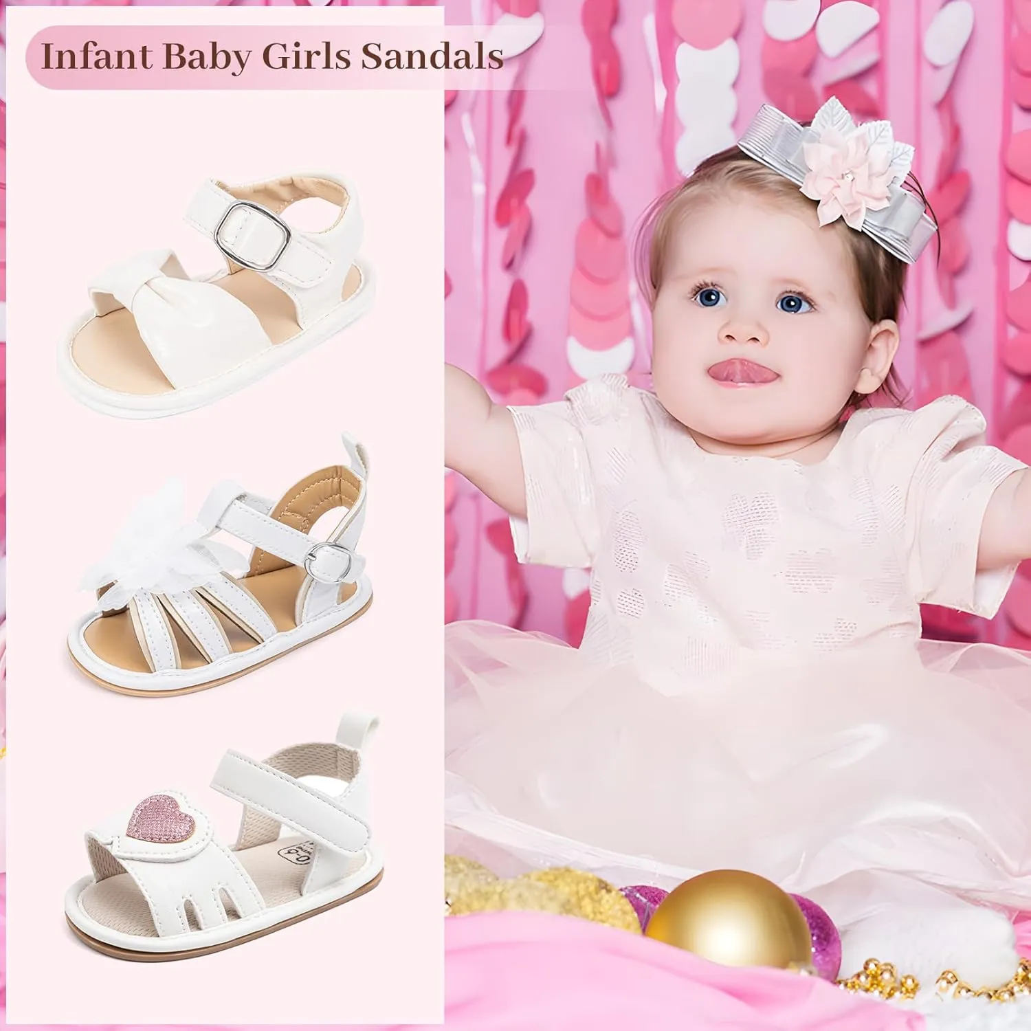 Oamico Baby Girl Sandals Infant Soft Anti-Slip Rubber Sole Casual Beach Sandals Newborn Bowknot Outdoor First Walker Summer Shoes for Baby Girls Flat Sandal