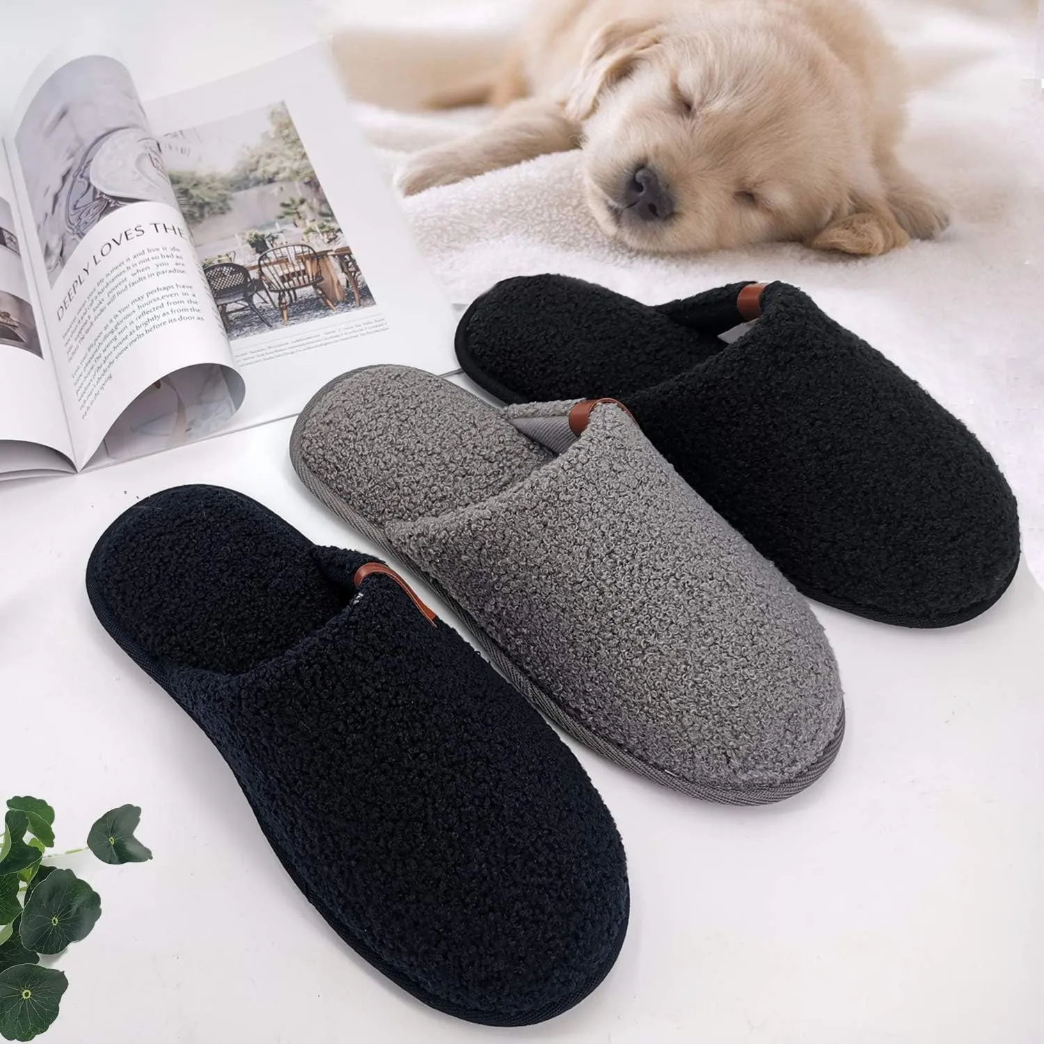 ofoot Mens Comfortable Warm Soft Fuzzy House Slippers Mules,Faux Fur Wool Fleece Lining Memory Foam Insole Non Slip Rubber Soles