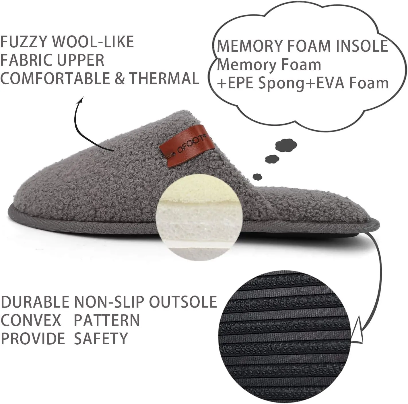 ofoot Mens Comfortable Warm Soft Fuzzy House Slippers Mules,Faux Fur Wool Fleece Lining Memory Foam Insole Non Slip Rubber Soles