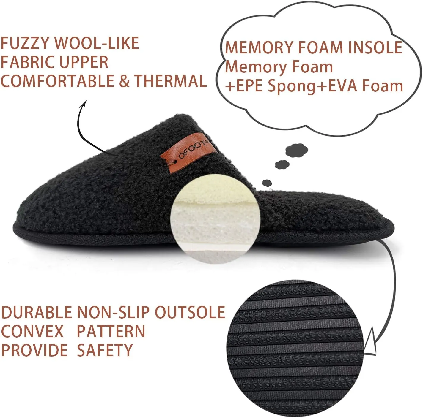 ofoot Mens Comfortable Warm Soft Fuzzy House Slippers Mules,Faux Fur Wool Fleece Lining Memory Foam Insole Non Slip Rubber Soles