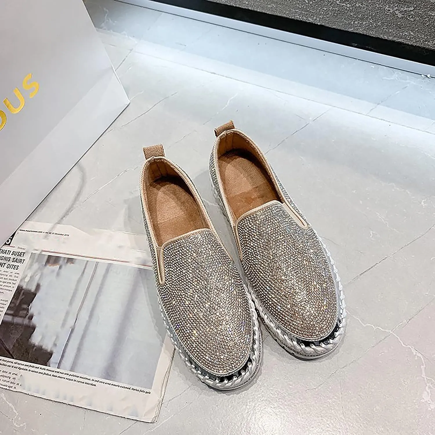 oiangi Rhinestone Platform Loafers for Women Fashion European and American Large Size Flat Shoes Comfrtable Casual Trendy Shoes