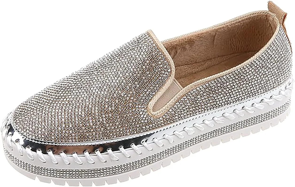 oiangi Rhinestone Platform Loafers for Women Fashion European and American Large Size Flat Shoes Comfrtable Casual Trendy Shoes
