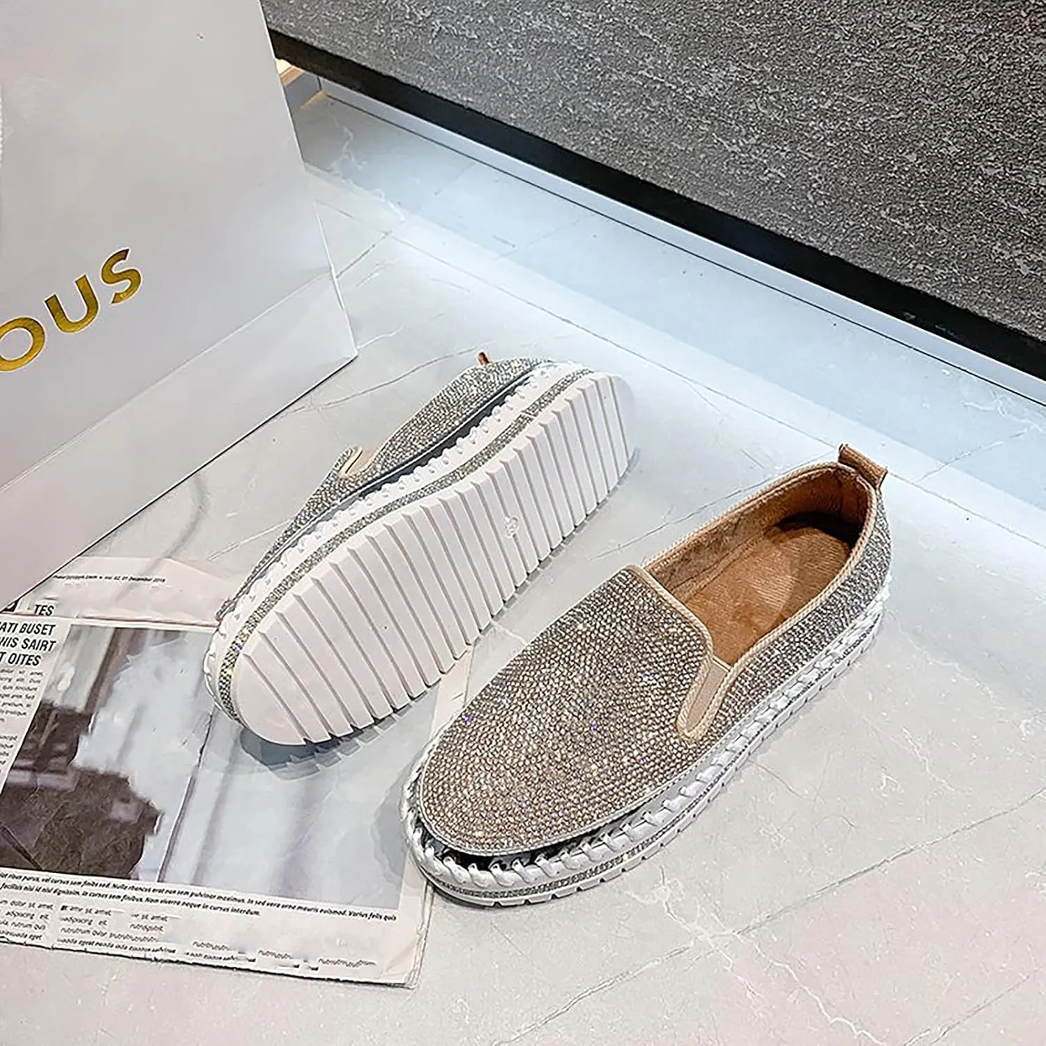 oiangi Rhinestone Platform Loafers for Women Fashion European and American Large Size Flat Shoes Comfrtable Casual Trendy Shoes