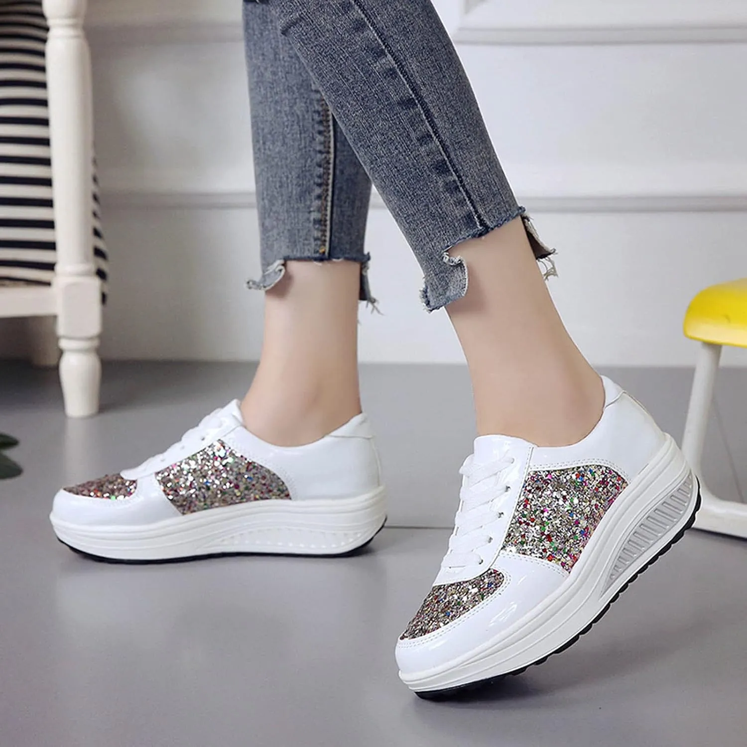 oiangi Sequined Sneakers for Women Fashion Casual Running Walking Gym Sport Shoes Comfortable Lace-up Platform Tennis Shoes