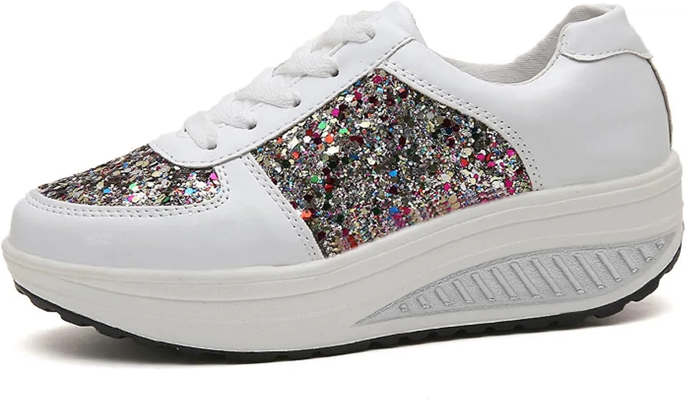 oiangi Sequined Sneakers for Women Fashion Casual Running Walking Gym Sport Shoes Comfortable Lace-up Platform Tennis Shoes