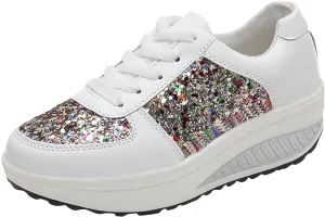 oiangi Sequined Sneakers for Women Fashion Casual Running Walking Gym Sport Shoes Comfortable Lace-up Platform Tennis Shoes