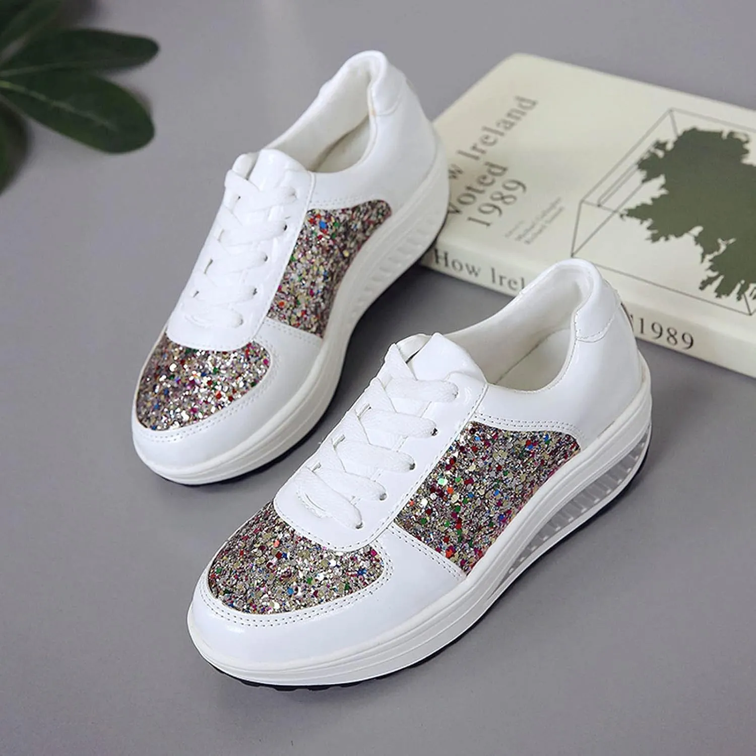 oiangi Sequined Sneakers for Women Fashion Casual Running Walking Gym Sport Shoes Comfortable Lace-up Platform Tennis Shoes