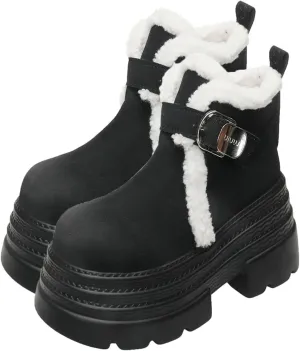 One-Foot Tower Buckle Snow Boots, Thick-Soled Low-Heeled Round-Toed Short Boots with Velvet Lining Raw Edge Warm Straight Boots Suede Frosted Casual Boots