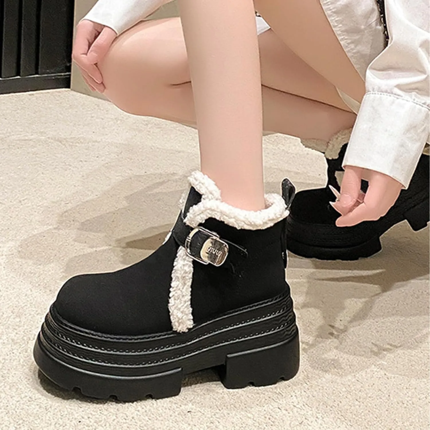 One-Foot Tower Buckle Snow Boots, Thick-Soled Low-Heeled Round-Toed Short Boots with Velvet Lining Raw Edge Warm Straight Boots Suede Frosted Casual Boots