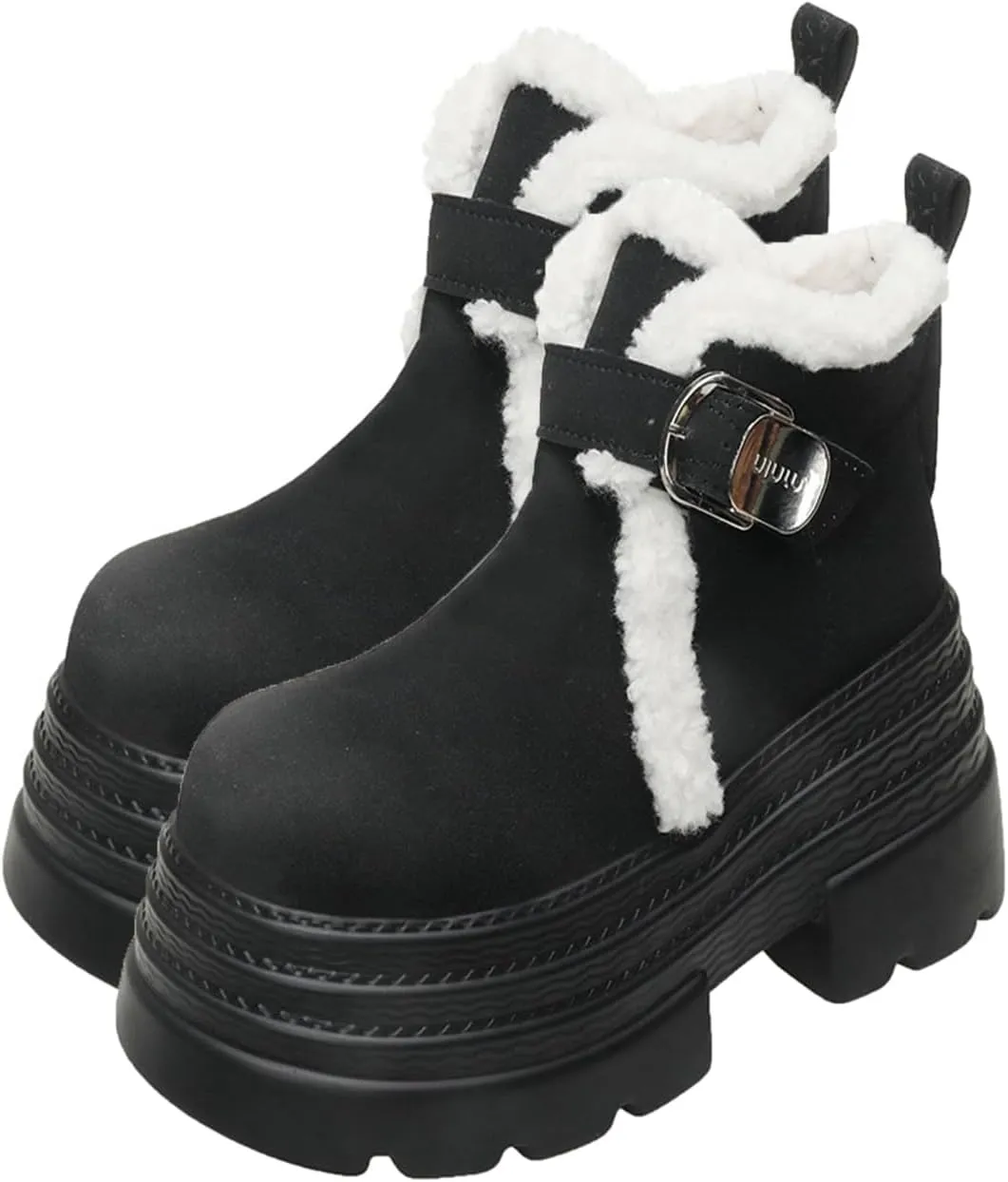 One-Foot Tower Buckle Snow Boots, Thick-Soled Low-Heeled Round-Toed Short Boots with Velvet Lining Raw Edge Warm Straight Boots Suede Frosted Casual Boots